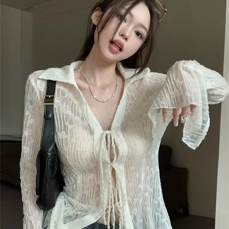 Sexy Transparent Blouse Women Lace Korean Fashion Harajuku Long Sleeve See Through Black Goth Slim Shirts Y2k Aesthetic