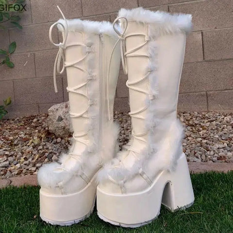 Platform Furry Boots Chunky High Heeled Winter Autumn Knee High Boots Women Faux Fur Zip Gothic Style Punk Shoes Ladies