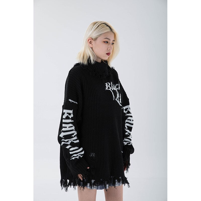 Women Street Black Knitting Sweater Letter Printing Round Neck Long Sleeves Casual Vintage High Street Baggy Tops Ladies Autumn