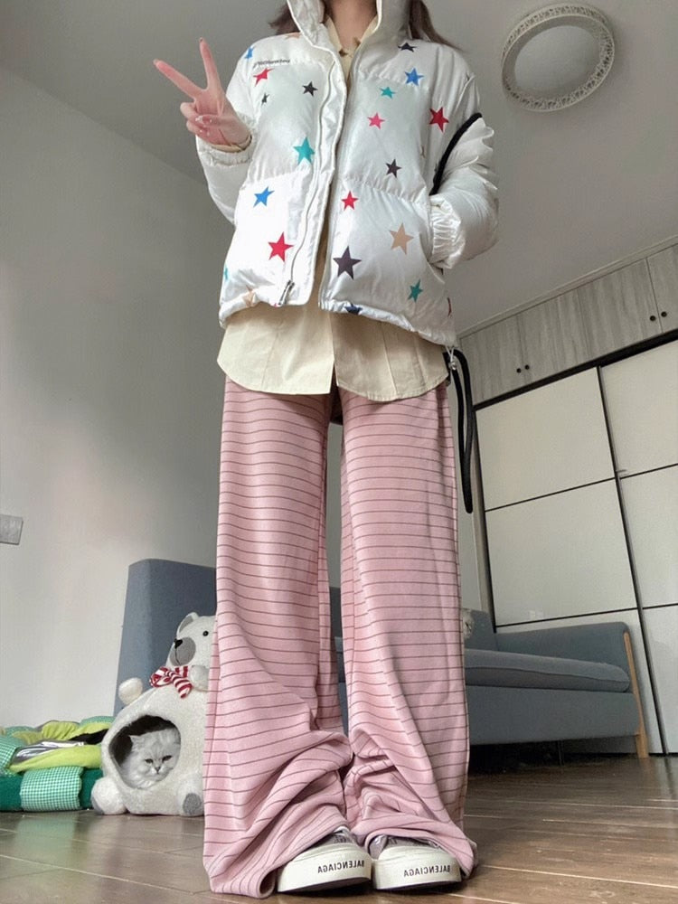 Korean Fashion Pink Pants Women Harajuku Sweet Striped Wide Leg Trousers Female Oversized Girly Basic Pantalones Summer