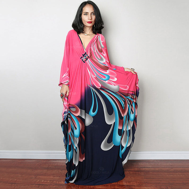 Print Maxi Dress Batwing Sleeve Tunic Spring Autumn Beach Dress Casual Plus Size Women Beachwear Kaftan Cover-ups Pbong mid size graduation outfit romantic style teen swag clean girl ideas 90s latina aesthetic