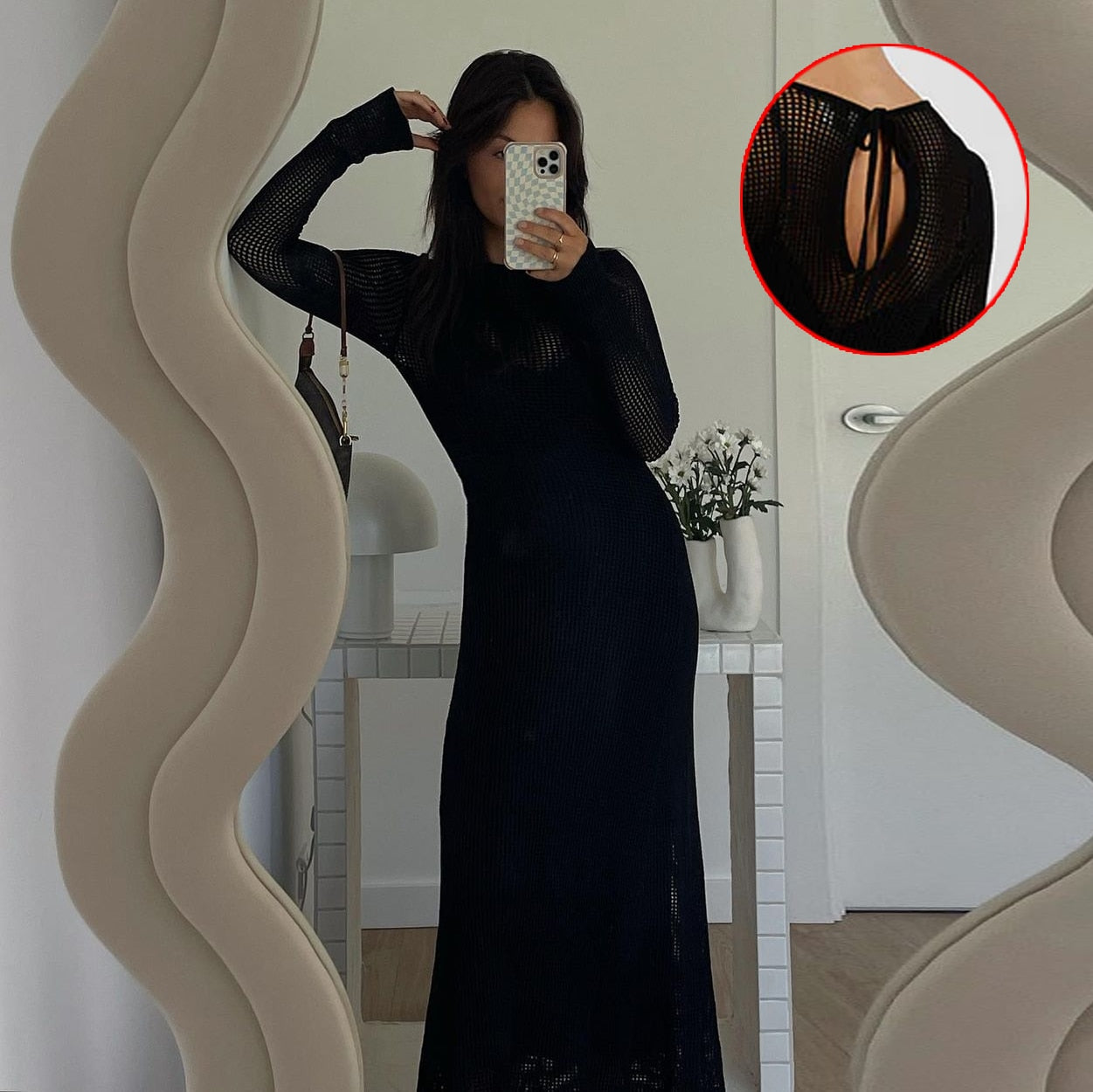 Summer Knitted Maxi Dress for Women Hollow Out See Through Long Sleeve Slim Elegant Sexy Dresses Club Party Beach Dress Casual