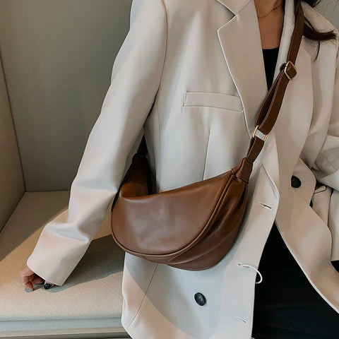 Half Moon Small PU Leather Zipper Crossbody Bags For Women Solid Color Shoulder Handbags Trends Winter Luxury Brand