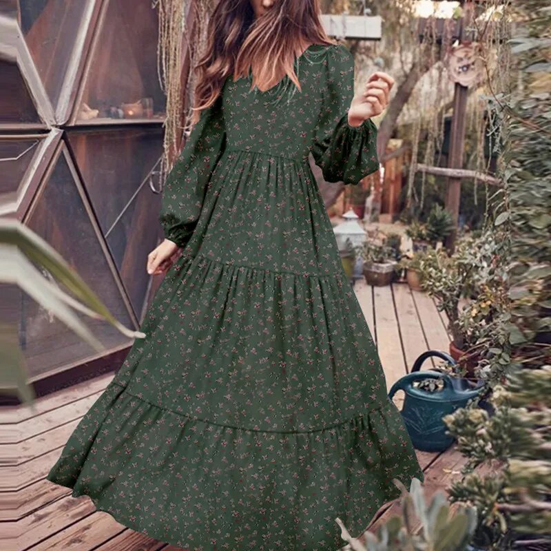 Floral Chiffon Fashion High Quality Maxi Dress Boho Women V-Neck Retro Holiday Leisure Long Sleeved Beach Temperament Lady Robe