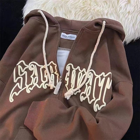 Women Letter Embroidery Hoodies Men Zipper Long Sleeve Loose Hooded Sweatshirts Autumn Winter Retro Pocket Oversize Jacket Coats