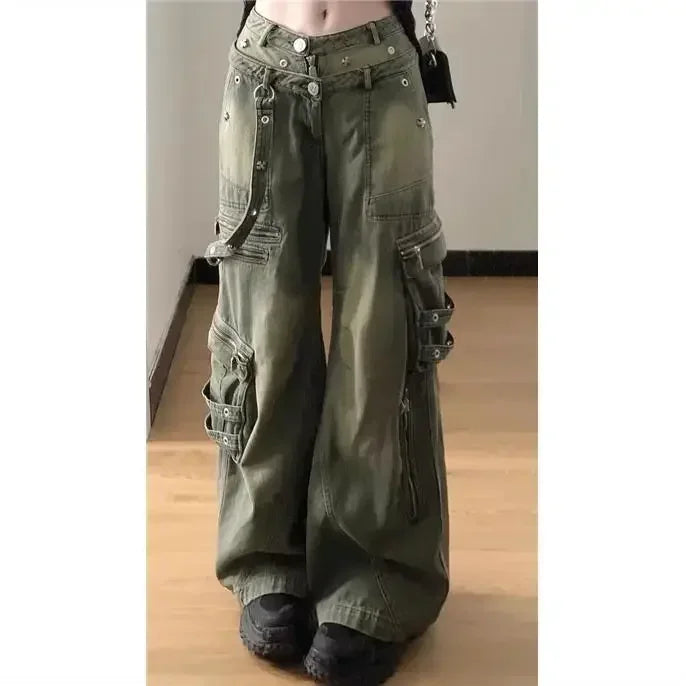 Loose Retro Washed Cargo Jeans Streetwear Women Zipper Baggy Pants Hiphop Straight Pants Multi-pocket Wide Leg Jeans Women