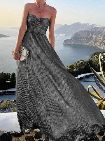 Sexy Twist Strapless Hollow Out Long Dress Women Boho Elegant Bronzing Evening Dress Fashion Sleeveless A-Line Party Dress