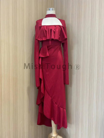 Autumn Red Vintage Elegant Dress Women Flare Sleeve Designer Sweet Long Dress Female Ruffles Retro Princess Irregular Dress