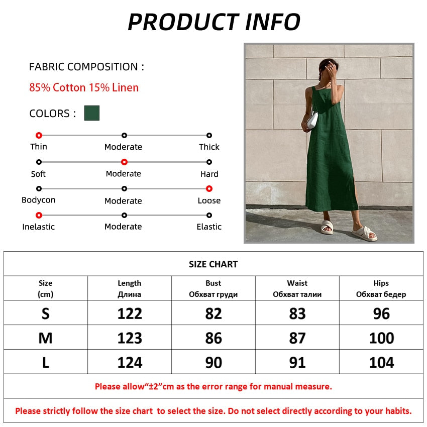 Green Tank Cotton Linen Dresses Sleeveless Straight Split Dress All-Match Midi Drape Dress Vacation Style Lady