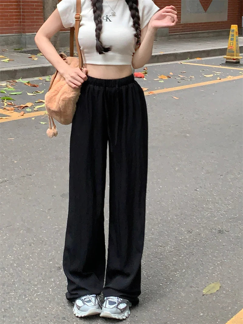 Summer New Vertical Loose Casual Wide Leg Pants High Waist Draw Rope Straight Pants Women