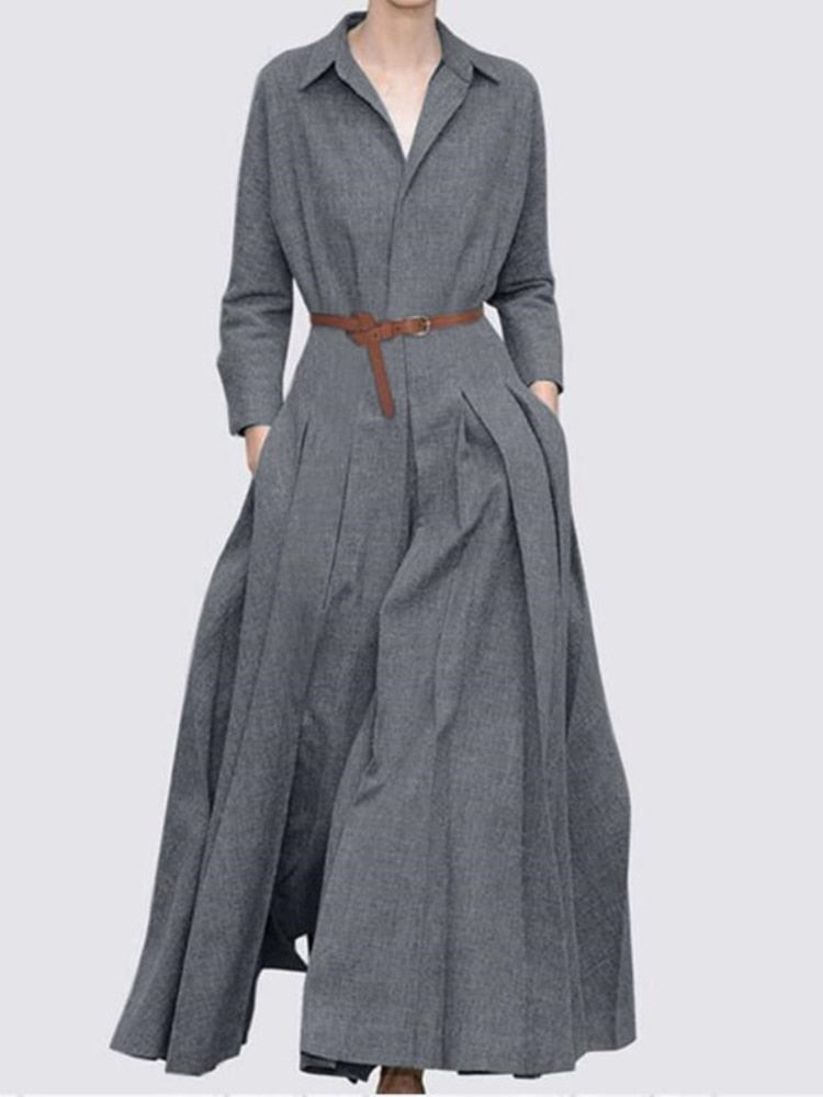 Spring Summer Women's Long Skirt Fashion Long Sleeve Lapel Pleated Dress Office Lady  Solid Color Dress for Women Robe