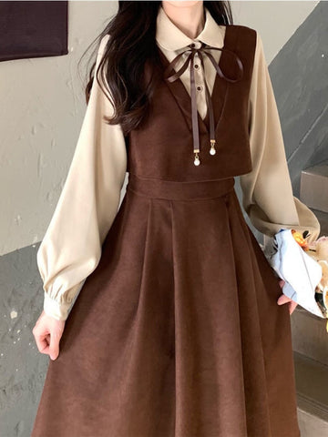 Elegant Vintage Long Dress Women Preppy Style Patchwork Long Sleeve Dresses Kawaii Peter Pan Collar Autumn Robe