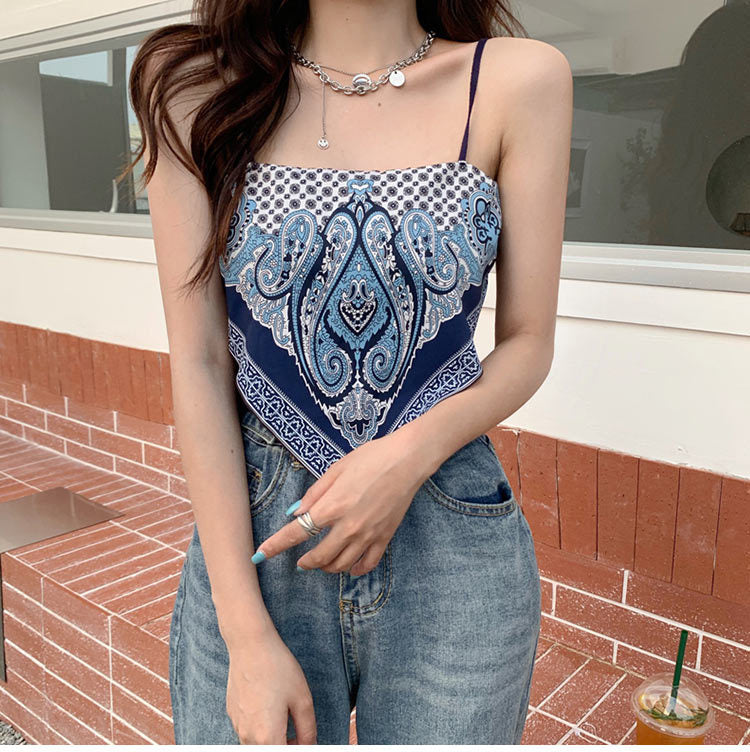 Retro Camisole Summer Short Triangle Top Mercerized Cotton Paisley Printed Indie Folk Woman Sexy Spaghetti Camis Crop Tops Pbong mid size graduation outfit romantic style teen swag clean girl ideas 90s latina aesthetic