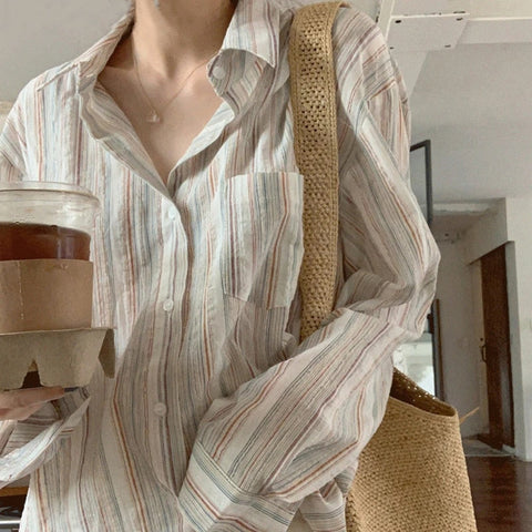 Vintage Striped Shirts Women Korean Fashion Simple Long Sleeve Turn Down Collar Blouse Office Lady Casual Loose Thin Tops