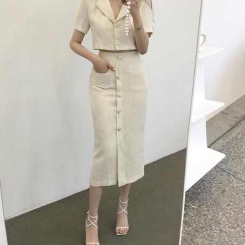 Fashion Korea Elegant Lapel Thin Tweed Small Suit Short Jacket + High Waist Chic Button Slim Womens Two Piece Skirt Sets Summer