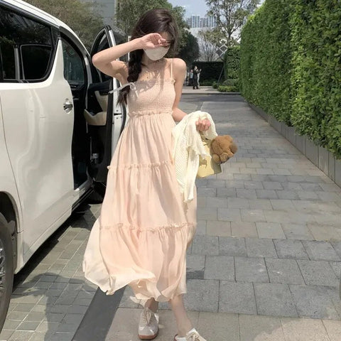 Korean Fashion Summer Strap Dresses For Women Y2k Chic Sleeveless Lace-Up Loose Pink Casual Midi Dress Elegant Sukienka