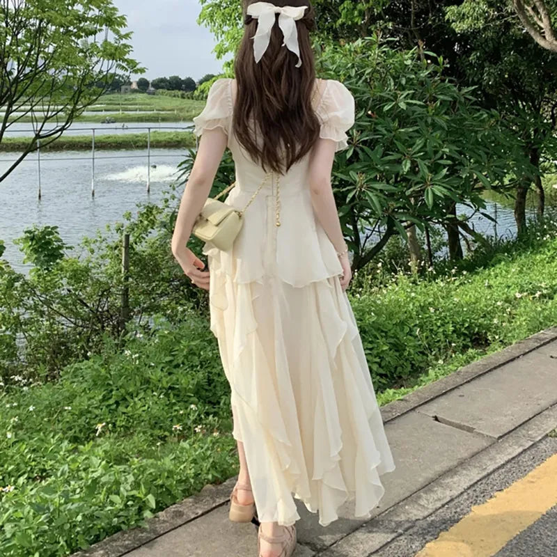 Women's Summer Dress Chiffon Fairy Solid Chic Party Midi Dress 2023 New Korean White Elegant High Waist Slim Long Skirt Y2k