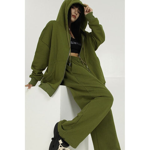 Women's Green Zipper Hoodie Long Sleeves Casual Baggy Wide Leg Long Pants Two Piece Set Vintage Sports Style Suit Ladies