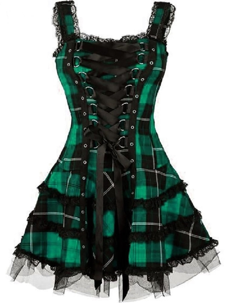 Goth Dark Plaid Bandage Gothic Women A-line Dresses Grunge Aesthetic Lace Trim Patchwork Mini Dress Punk Bodycon Sexy Partywear