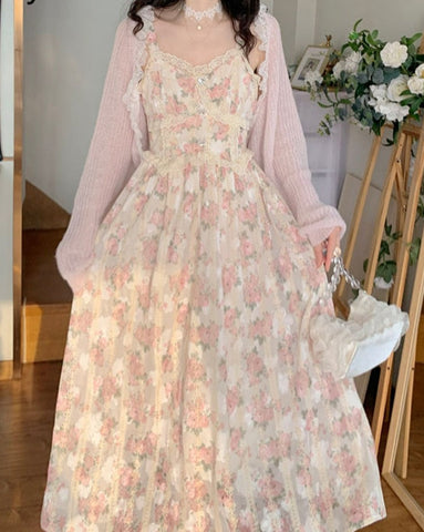 Chiffon Lace Strap Dress Women Floral Embroidery Fairy Vintage Long Dress Female Sweet Princess Casual Party Dresses Summer