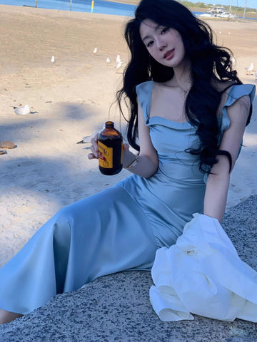 New Summer French Fashion Women Spaghetti Strap Elegant Long Mermaid Ruffles Dresses Evening Party Prom Clothes