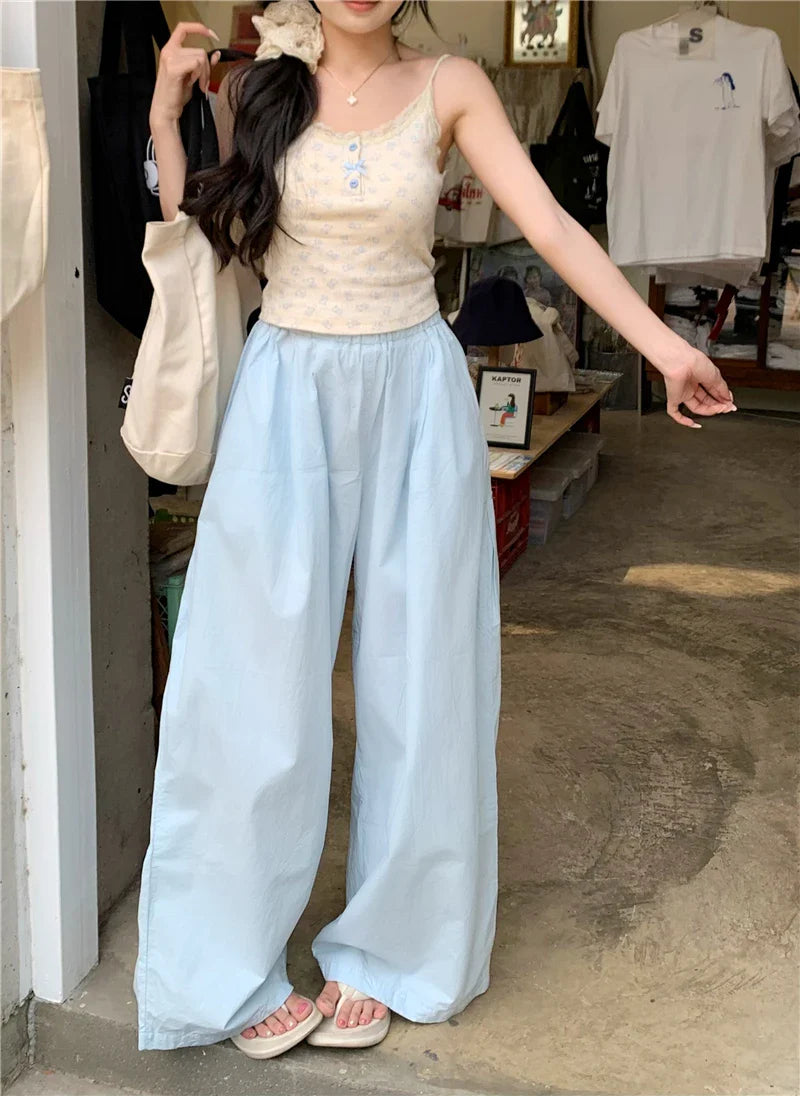 Summer New Niche Personality Campus Fresh Sky Blue Breathable Thin Wide Leg Pants Women Show Long Legs