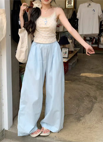 Summer New Niche Personality Campus Fresh Sky Blue Breathable Thin Wide Leg Pants Women Show Long Legs