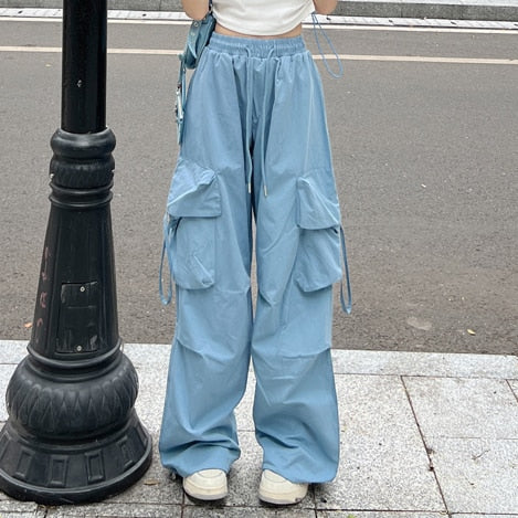 Korean Style Blue Cargo Pants Women Y2K Streetwear Retro Wide Leg Parachute Trousers Oversize Harajuku Pockets Pantalones