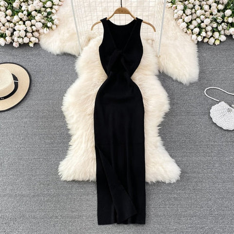 Sleeveless Hollow Split Wrap Dress Midi Sexy Fashion Elastic Tight Party Elegant Vestidos Chic Beach Vacation Summer Women Dress