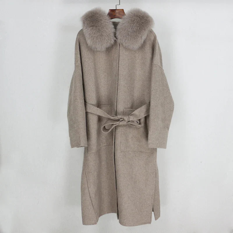 New Oversize Loose Cashmere Wool Blends Real Fur Coat Winter Jacket Women Natural Fox Fur Collar Hood Outerwear Belt