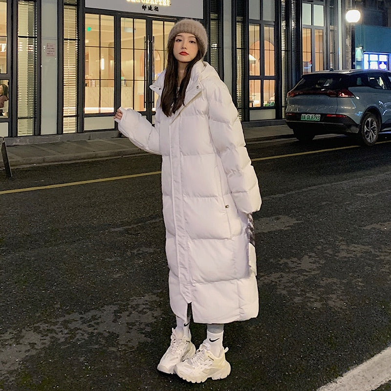 New Solid Color Long Straight Winter Coat Casual Women Parkas Clothes Hooded Stylish Winter Jacket Female Outerwear