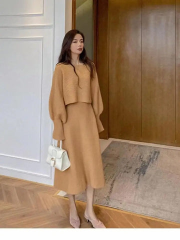 Autumn Winter Vintage Solid Long Sleeve Knitted Sweater Dress Women V Neck Slim Vest Dresses+ Lantern Sleeve Loose Tops Set