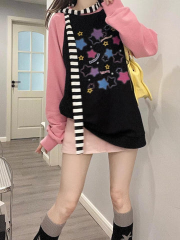 Y2K Aesthetic Star Print Hoodies Women Harajuku Kpop Casual Oversized Sweatshirts Streetwear Loose Pullover Tops E-girl