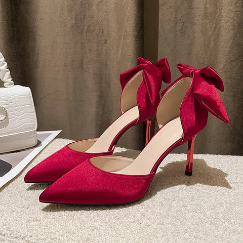 Elegant Women Heel Women Shoes High Heels Women Pumps Sexy Stilettos Wedding Shoes Bride Heels Red White Bowknot Women Footwear