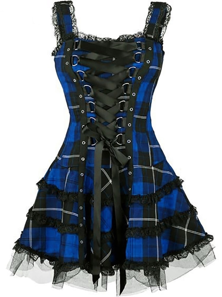 Goth Dark Plaid Bandage Gothic Women A-line Dresses Grunge Aesthetic Lace Trim Patchwork Mini Dress Punk Bodycon Sexy Partywear