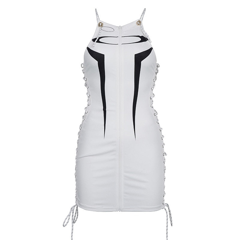 Bandage Cyber Y2k Techwear Sexy Mini Dresses Gothic Punk Patchwork Zip Up Women Dress Party Hollow Out Side Streetwear