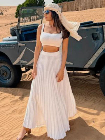 New White Knit Two Piece Women Sets Fall Ribbed Tank Top And Pleated Knitted Skirt Suits For Women Long Dress Sets Summer