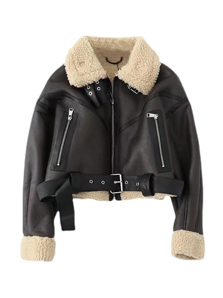 Women Fashion Thick Warm Faux Shearling Jacket Coat Vintage Long Sleeve Belt Hem Female Outerwear Chic Tops