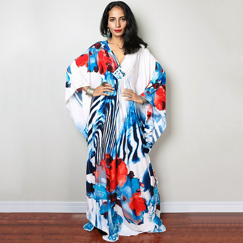 Print Maxi Dress Batwing Sleeve Tunic Spring Autumn Beach Dress Casual Plus Size Women Beachwear Kaftan Cover-ups Pbong mid size graduation outfit romantic style teen swag clean girl ideas 90s latina aesthetic