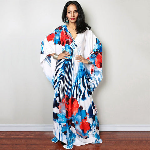 Print Maxi Dress Batwing Sleeve Tunic Spring Autumn Beach Dress Casual Plus Size Women Beachwear Kaftan Cover-ups Pbong mid size graduation outfit romantic style teen swag clean girl ideas 90s latina aesthetic