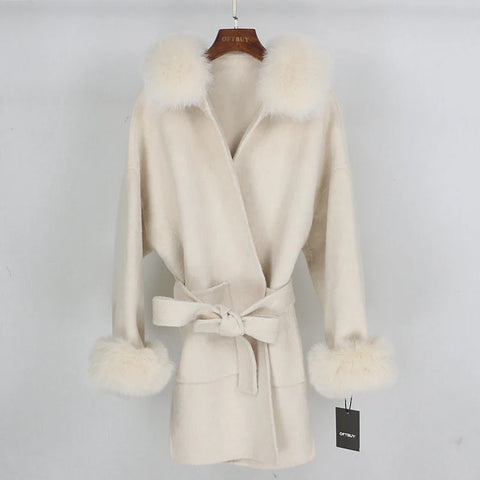 New Oversize Loose Cashmere Wool Blends Real Fur Coat Winter Jacket Women Natural Fox Fur Collar Hood Outerwear Belt