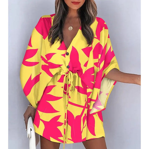 Summer Boho Mini Dress Women Flora Print Batwing Sleeve Lace-Up V Neck Loose Button Dresses Ladies Beach Party Dress Vestido