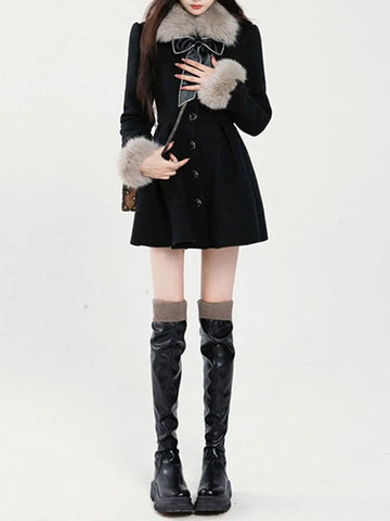 Women Elegant Long Sleeve Mini Dress Warm Winter Sweet Faux Fur Collar Woolen Dress Female Vintage A-line Party Dress