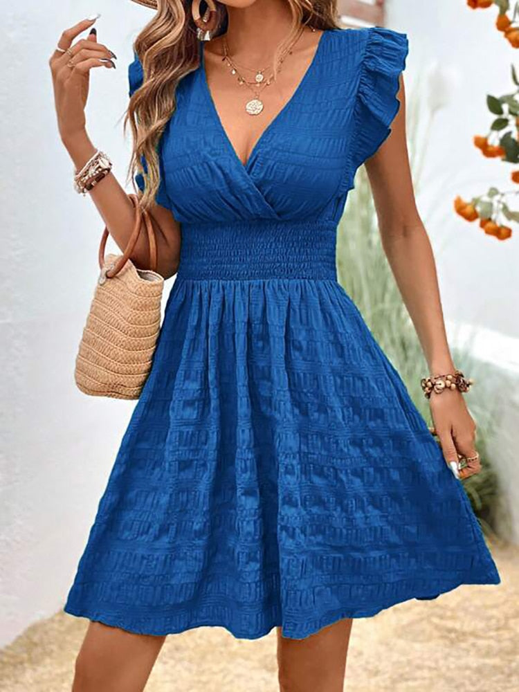 Elegant Short Dresses For Women Summer Casual Slim Red Sleeveless Holiday Beach Dress Fashion V Neck A-line New In Dresses