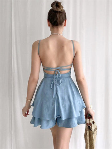 Sexy Women Suspender Strap Playsuits Fashion Square Neck Tie-up Backless Double-layer Ruffles Short Dress Jumpsuits