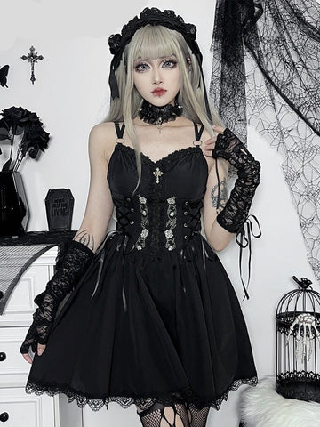 Gothic Sexy Black V Neck Lace Up Dress Y2K Aesthetic Grunge Punk High Waist Lace Trim Corset Dresses Ladies Party Dress