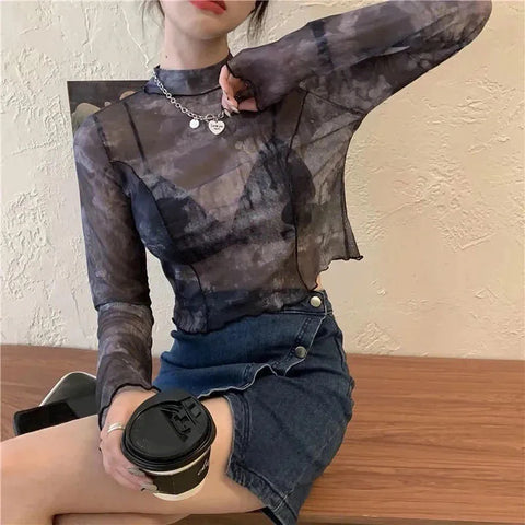 Long Sleeve T-shirts Women Tie-dye Printed Summer Sun-proof Cropped Tops Fashion High Street Gauze Korean Style Chic Teens Retro