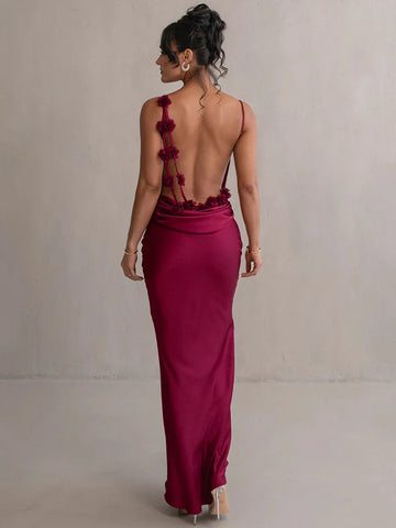 Floral Draped Backless Maxi Long Dress For Women Fashion Spaghetti Strap Sleeveless Bodycon Evening Party Dress Elegant