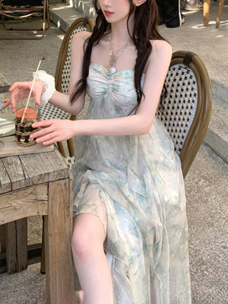 Summer One Piece Dress Korean Beach Style Causual Elegant Midi Dress Women Sweet Sleeveless Holiday Sundress Office Lady