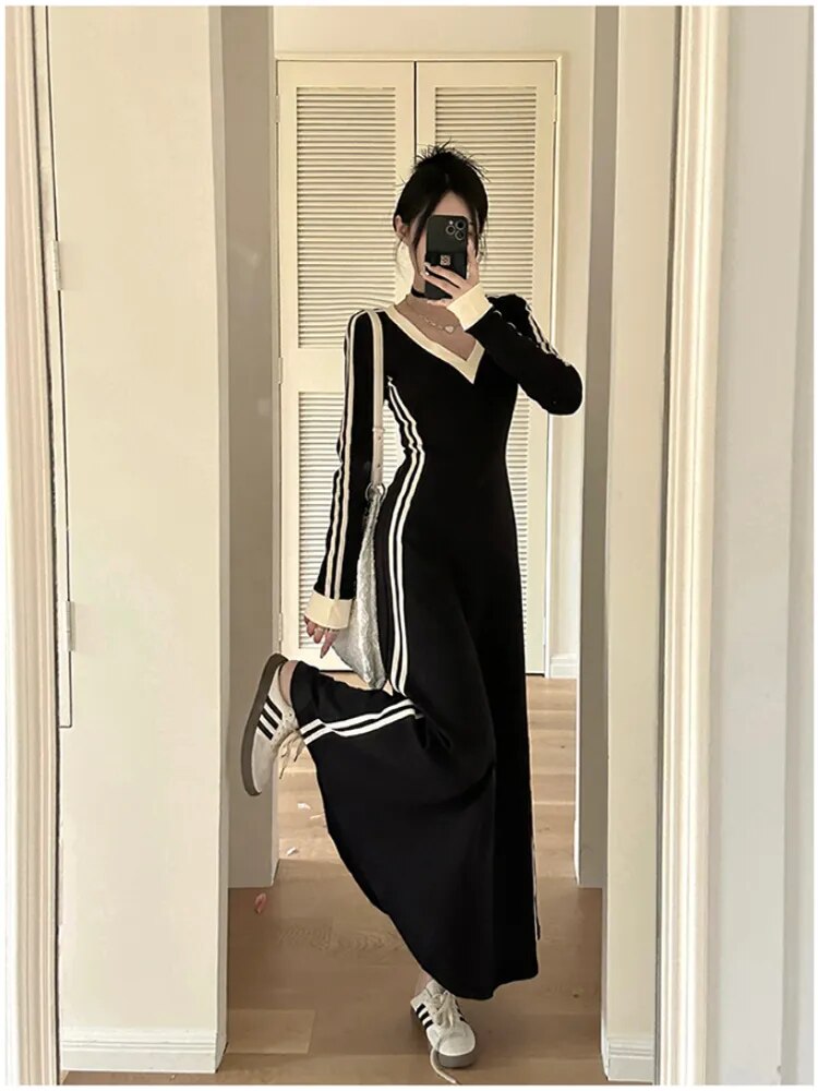 French Striped V-neck Long-sleeved Dress Women Fall Clothes Vintage Robe Casual Loose Dresses Korean Fashion Vestidos De Fiesta